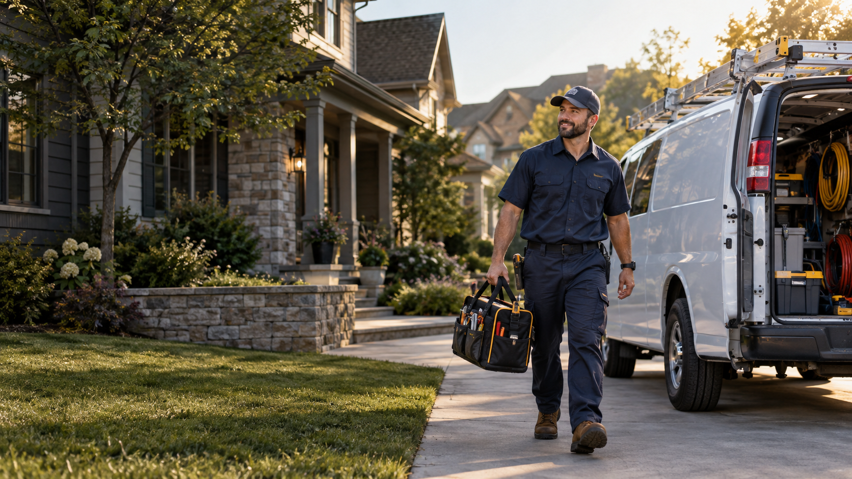 Home-service technician arriving at a suburban house beside a professional service van